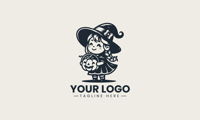 Cute little witch girl cheerfully holding pumpkin basket for trick or treat vector logo illustration design
