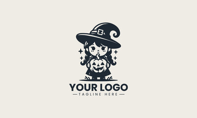 Obraz premium Little witch with pumpkin basket dressed for Halloween celebration in cute cartoon vector logo design