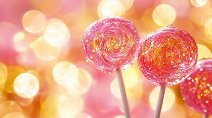 Pink swirl lollipops on sticks against a bokeh background