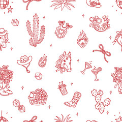 Seamless pattern with cowboy design elements. Wild West trendy background for birthday, wedding, holiday, cowgirls party. Western Aesthetics with good luck symbols, plants, party objects, horse animal