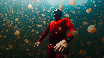 Male freediver in red wetsuit swims underwater in the lake full of jellyfish. West Papua, Raja Ampat, Indonesia