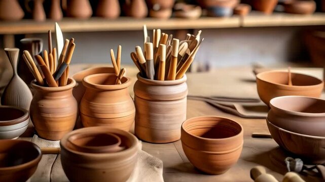 Various handmade terracotta clay pottery and artisan tools arranged on a wooden workbench in a ceramics studio