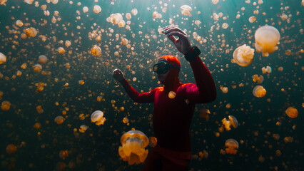 Male freediver in red wetsuit swims underwater in the lake full of jellyfish. West Papua, Raja Ampat, Indonesia