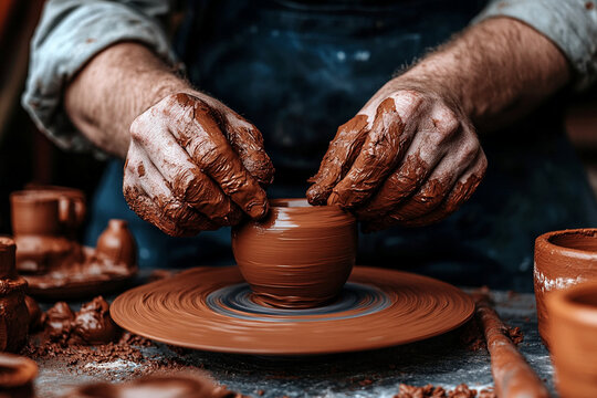 Ceramicist molds clay on pottery wheel in artisan studio