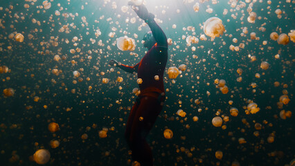 Male freediver in red wetsuit swims underwater in the lake full of jellyfish. West Papua, Raja Ampat, Indonesia