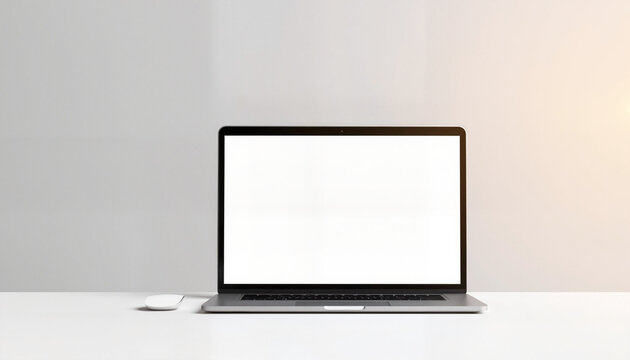 Modern laptop on white table with blank screen in bright room - mocup