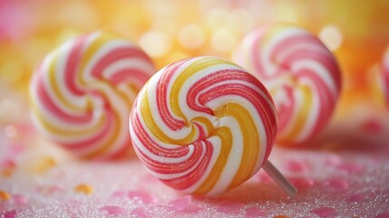Colorful swirl lollipops on a pink surface