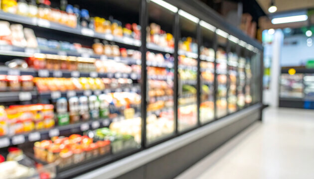 Blurred background of supermarket fridge with food products on shelves. Glass showcase.