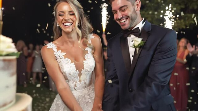 happy newlyweds man and woman cutting wedding cake, fireworks night, cheerful guests nearby - Powered by Adobe