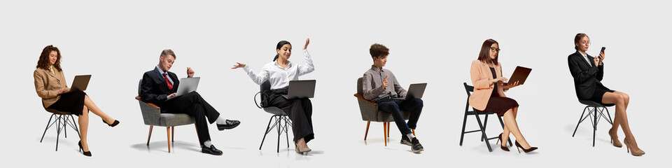 Six business professionals sit on chairs using laptops and smartphones, showing different emotions and gestures while working remotely. Concept of communication, teamwork, digital workspace.