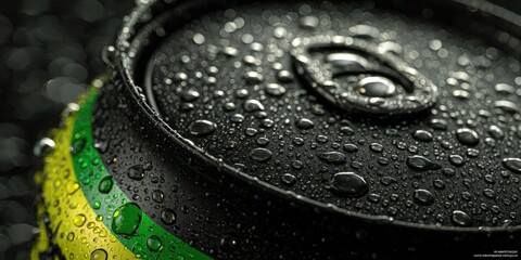 Closeup of Cold Black Aluminum Can with Green and Yellow Design and Condensation