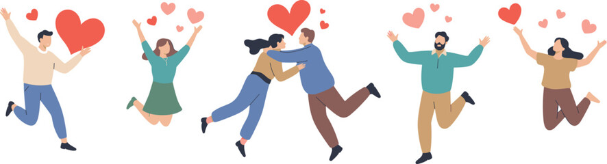 Happy diverse couples and individuals jumping with love hearts, romantic celebration, joyful emotions, Valentine's Day concept, isolated illustration vector