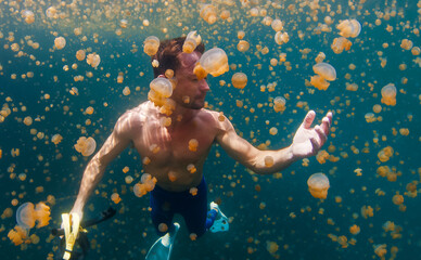 Relaxed male freediver swims underwater in the lake full of jellyfish without mask and gear. West Papua, Misool, Indonesia