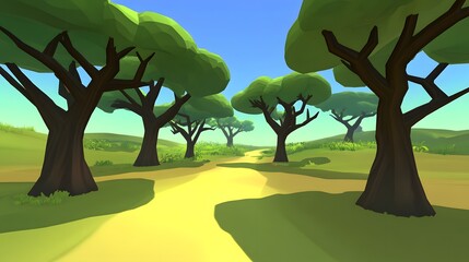 Low Poly Cartoon Style Trees Nature Path Landscape