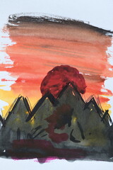 Abstract Watercolor with Jagged Shapes and Red Circle