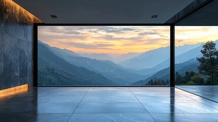 Modern room with large windows overlooking a mountain landscape at sunset