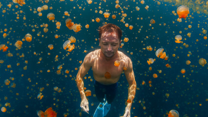 Relaxed male freediver swims underwater in the lake full of jellyfish without mask and gear. West Papua, Misool, Indonesia