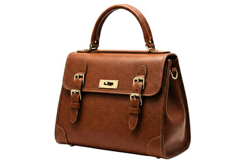 Elegant brown leather handbag with gold buckles and a top handle isolated on a transparent background
