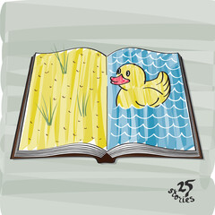 Open Book Pages Telling Story of Rubber Duck Swimming in Water near Shore Symbolic Surrealistic Concept from 25 Stories Edition - Multicolor on Green Grey Background - Hand Drawn Graphic Design