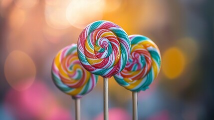 Colorful swirl lollipops against a blurred background