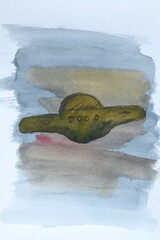 Abstract Watercolor of Green Object with Buttons
