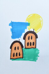 Childlike Drawing of Houses and Sun