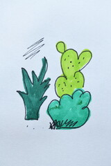 Abstract Green Shapes Drawing on White Paper