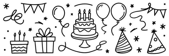 Black and white birthday doodle icons in grid – Suitable for coloring pages, printable decorations, or party stationery