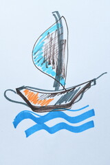 Abstract Drawing with Blue Waves and Orange Shapes