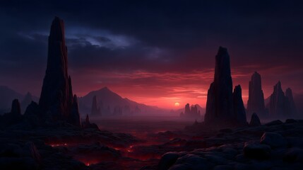 Peaceful night scene with a red sky and soft blue ambient light, tranquil and atmospheric landscape capturing a calm nocturnal mood with rich colors and a quiet natural setting