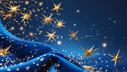 Fototapeta premium A deep blue fabric adorned with golden star-shaped confetti and glitter, creating a festive and magical atmosphere