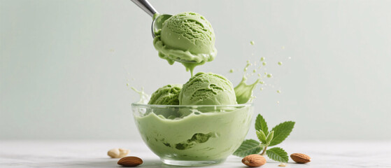 Vibrant green matcha ice cream with creamy texture being poured into glass bowl, sugar-free label, almonds and stevia, splash effect, bright neutral background with space for text overlay