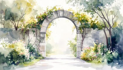 Fototapeta premium Soft-focus watercolor view of enchanting garden arch surrounded by colorful flowers and greenery