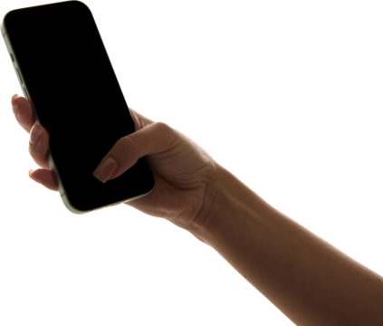 Hand holding smartphone with black screen isolated on transparent background. Concept of technology, digital, communication, app.