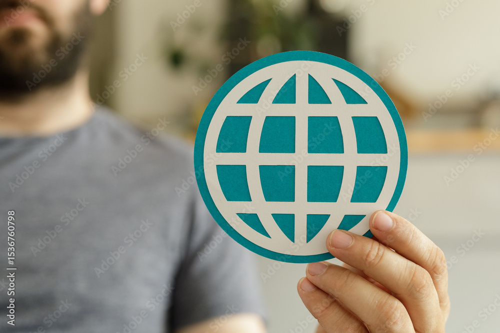 Poster A man holds a teal world icon, symbolizing global connection and networking.