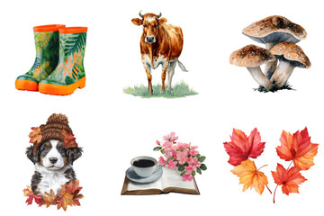 Naklejka premium Watercolor illustrations set featuring rain boots flowers mushrooms cow puppy and autumn leaves transparent background