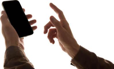 Two hands using smartphone with tapping gesture on transparent background, close up. Concept of technology, digital, communication, app.