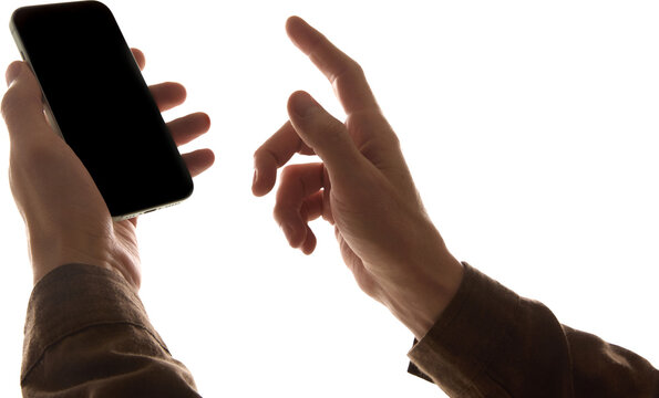 Two hands using smartphone with tapping gesture on transparent background, close up. Concept of technology, digital, communication, app.