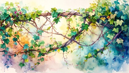 Detailed watercolor painting of delicate tree branch in a soft-focus garden setting