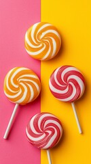 Colorful swirl lollipops on a pink and yellow background