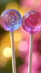 Vibrant, round lollipops in shades of blue and pink, on white sticks