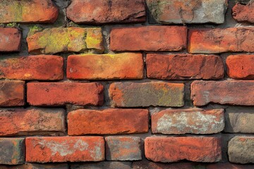 Fototapeta premium High-resolution macro of historic red brick wall displaying cracked mortar, weather-softened bricks and vibrant green moss colonies under raking side light—vintage architecture background texture