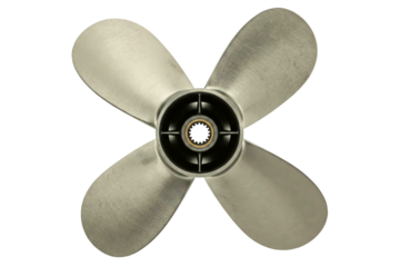 Shiny four-bladed boat propeller isolated on a transparent background