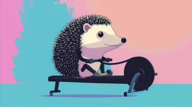 Cartoon Hedgehog Rowing on Exercise Machine for Cardio