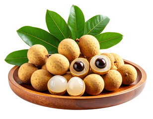 A fresh and vibrant display of longan fruits arranged in a wooden bowl with leaves.