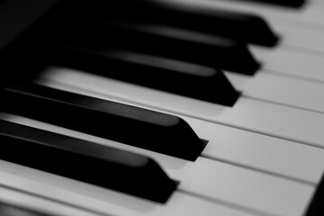 Piano keys person plays classical music black and white