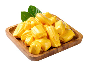Fresh tropical jackfruit pieces served in a wooden bowl with green leaves.