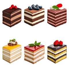 Various flavors of cake slices set isolated on white background. Different cakes collection set. Many flavors of cake desserts set.