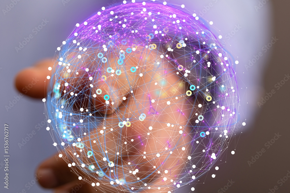 Poster abstract image of a hand holding a glowing network sphere. represents connection, technology, and gl