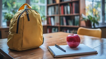 A yellow backpack, red apple, notebook, and pen sit on a wooden table near bookshelves